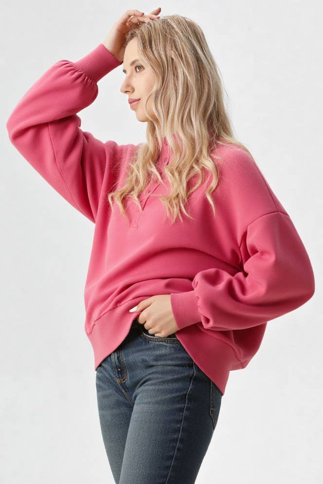 NT11951-Balloon Sleeve Half Button Down Henley Knit Top