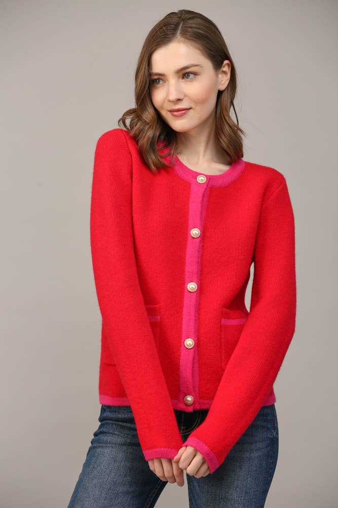 FRONT BUTTON CLOSURE COLORBLOCK SWEATER CARDIGAN FW15336