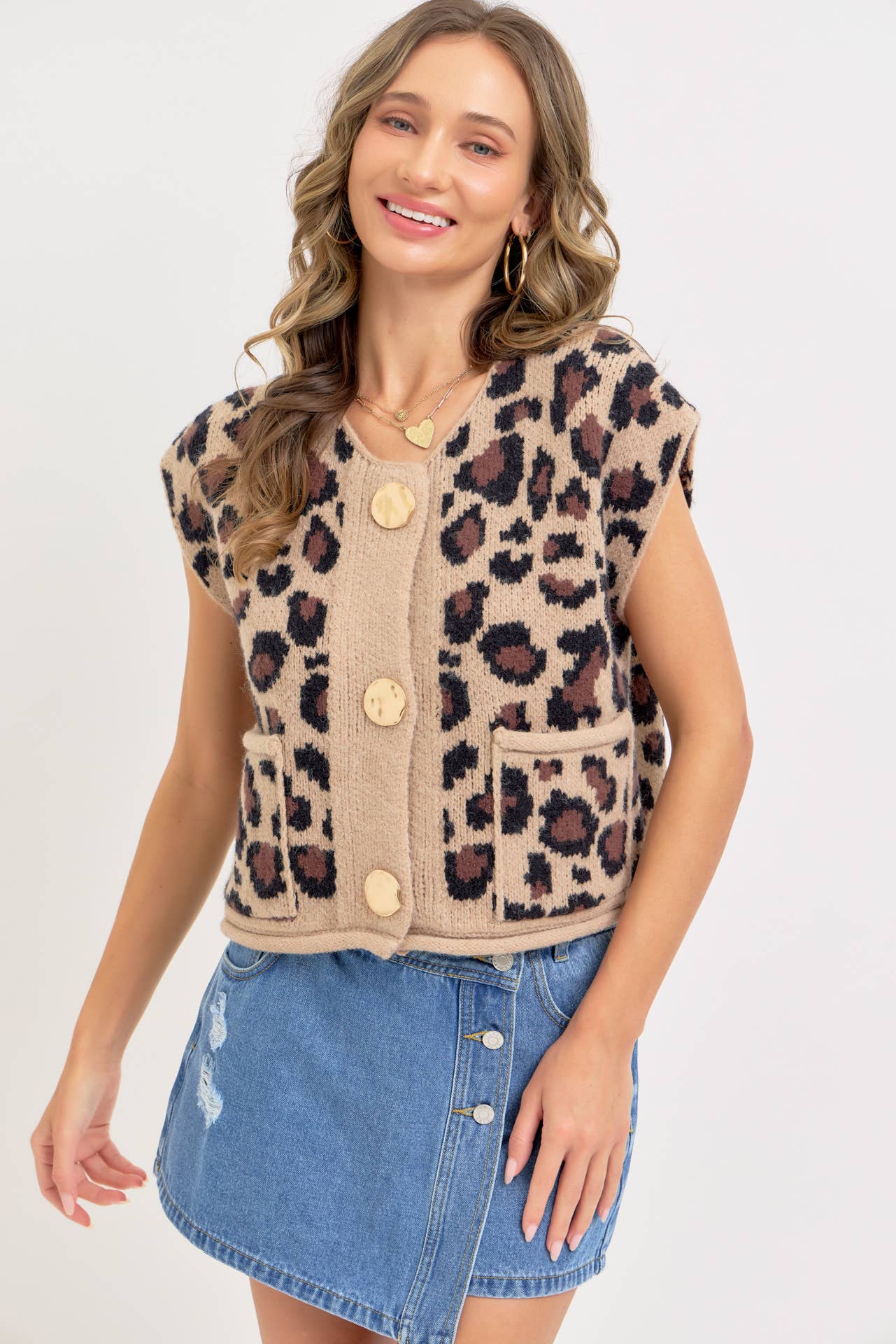 LEOPARD PRINT KNIT BUTTON-UP SWEATER TOP