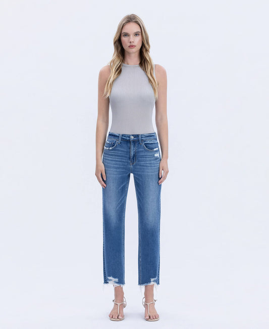 HIGH RISE FRAYED HEM CROP STRAIGHT JEANS LV1866