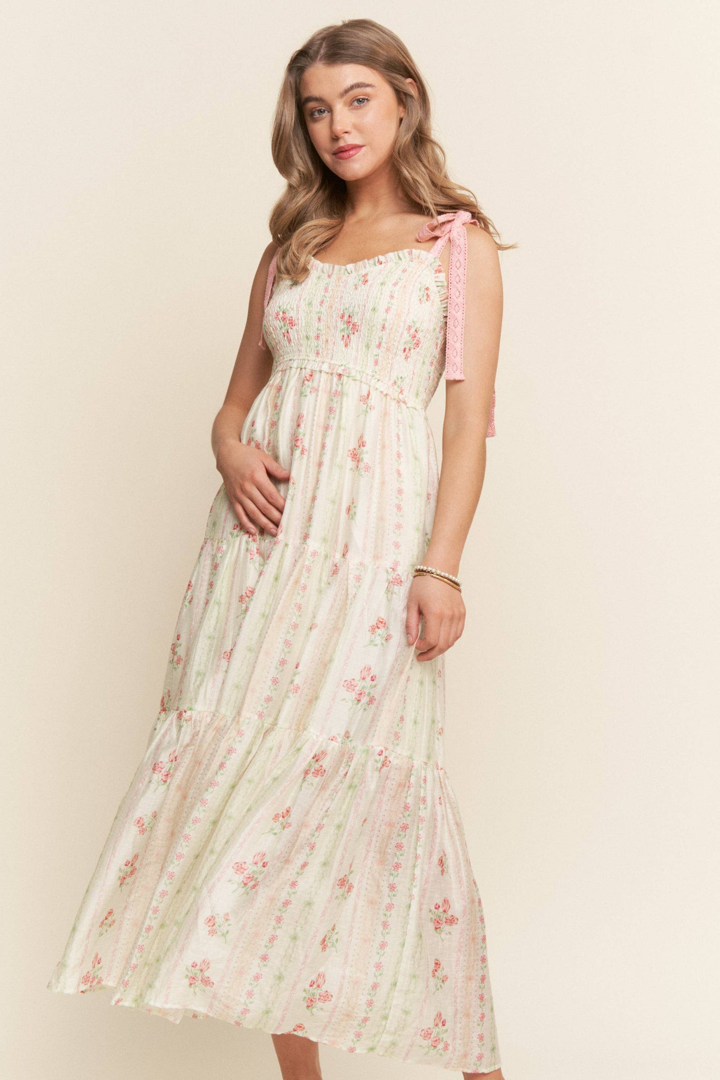 J.nna Pink Floral Lace Ribbon Strap Dress