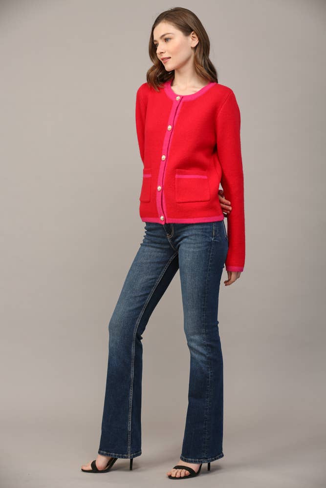 FRONT BUTTON CLOSURE COLORBLOCK SWEATER CARDIGAN FW15336