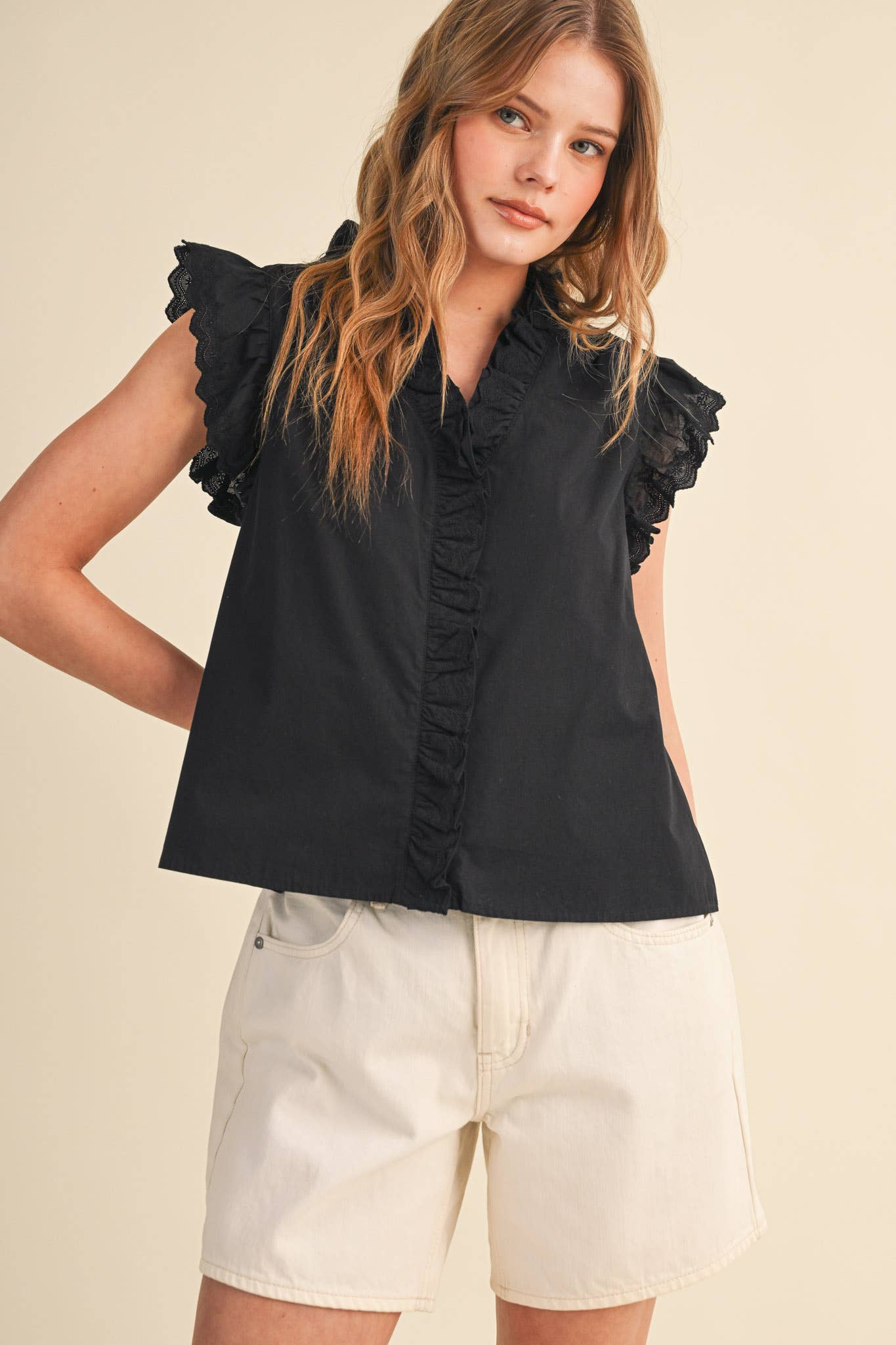&Merci Black Ruffled Button Top