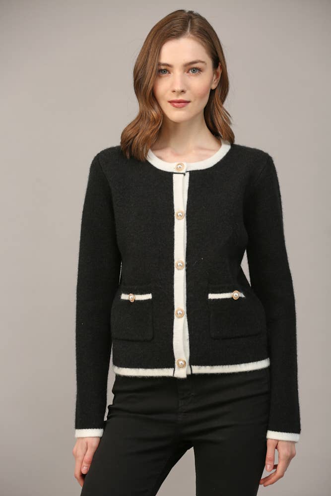 FRONT BUTTON CLOSURE COLORBLOCK SWEATER CARDIGAN FW15336