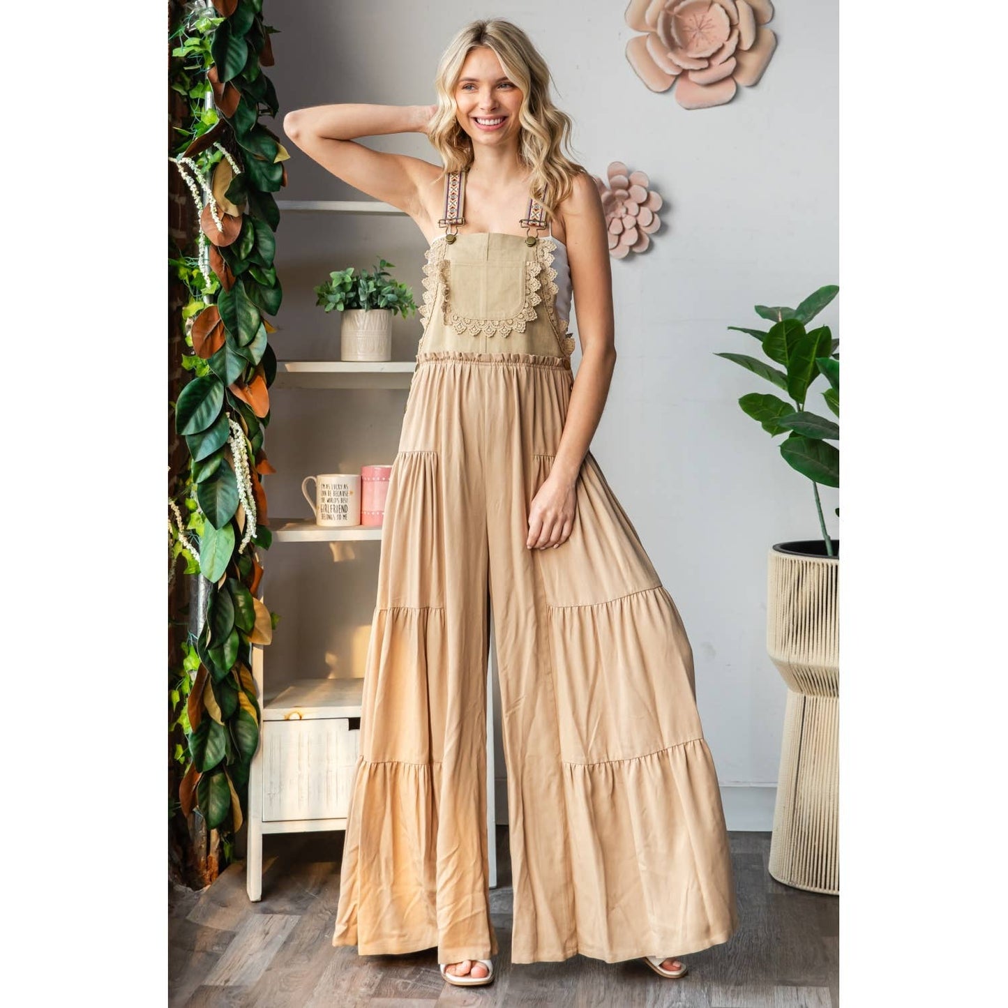 Embroidered Strap Flowy Jumpsuit Khaki
