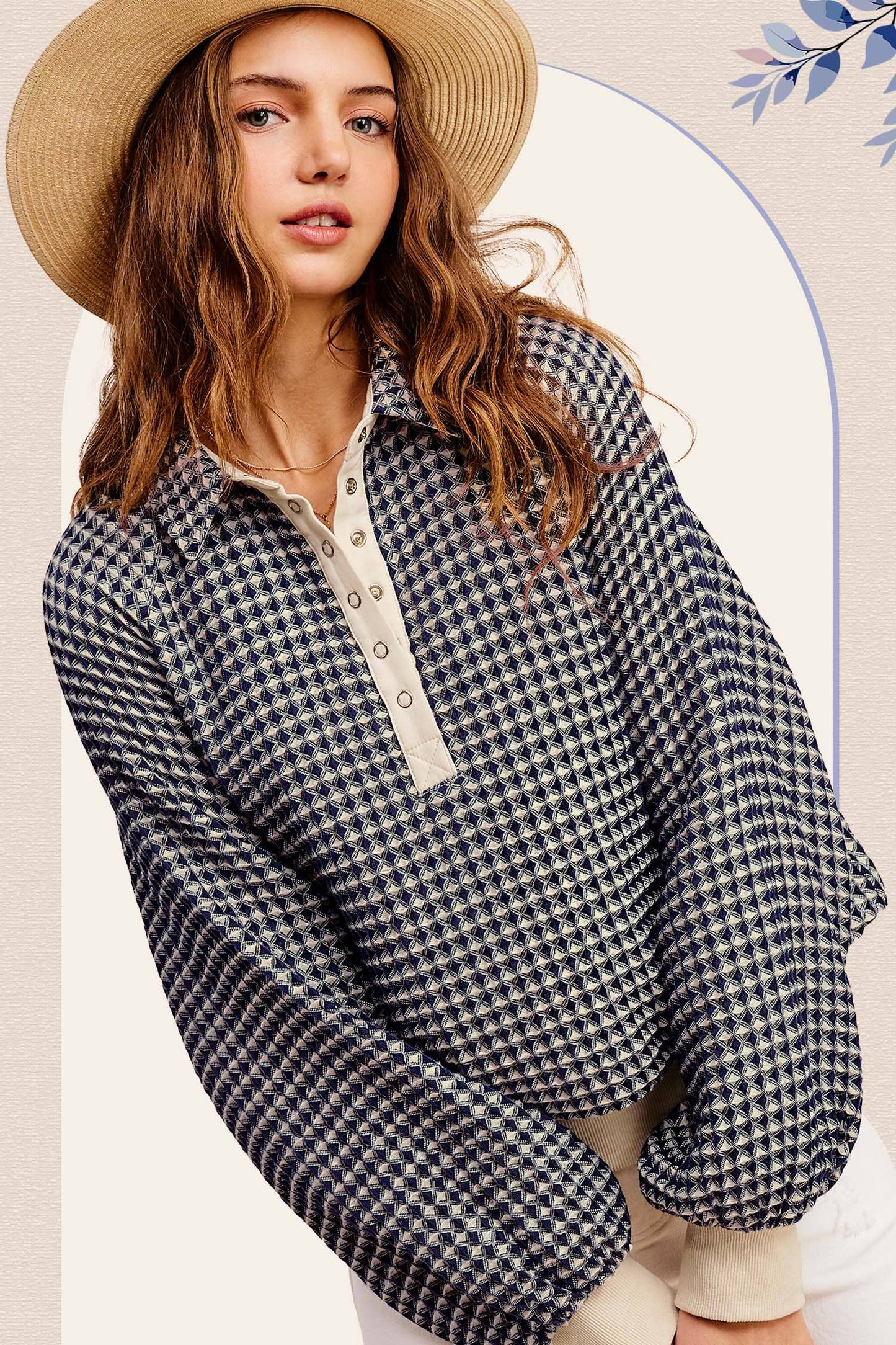 La Miel  Two Tone Textured Snap Button Front Top