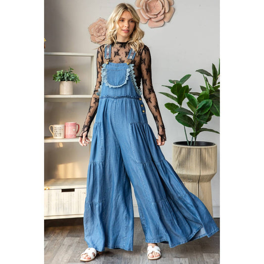 Embroidered Strap Flowy Overall Denim