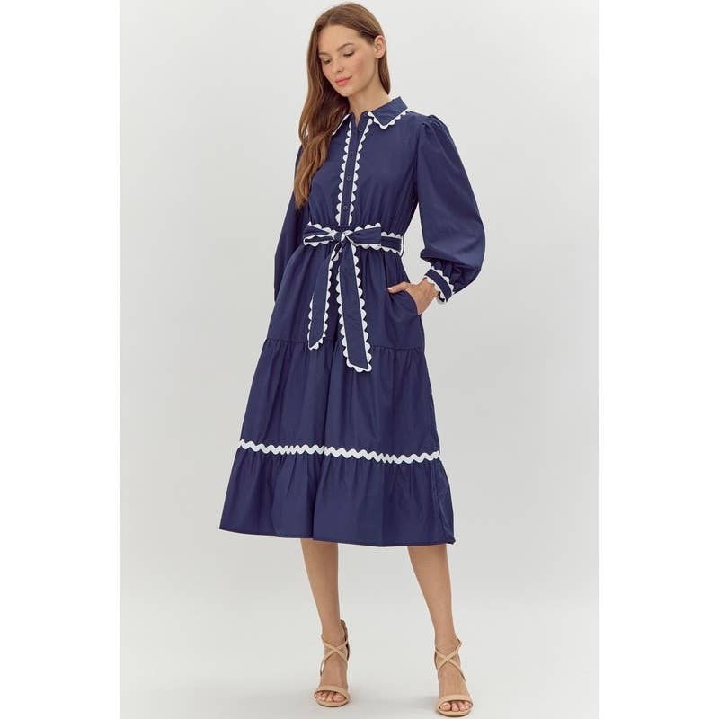 Solid midi dress with Ric Rack