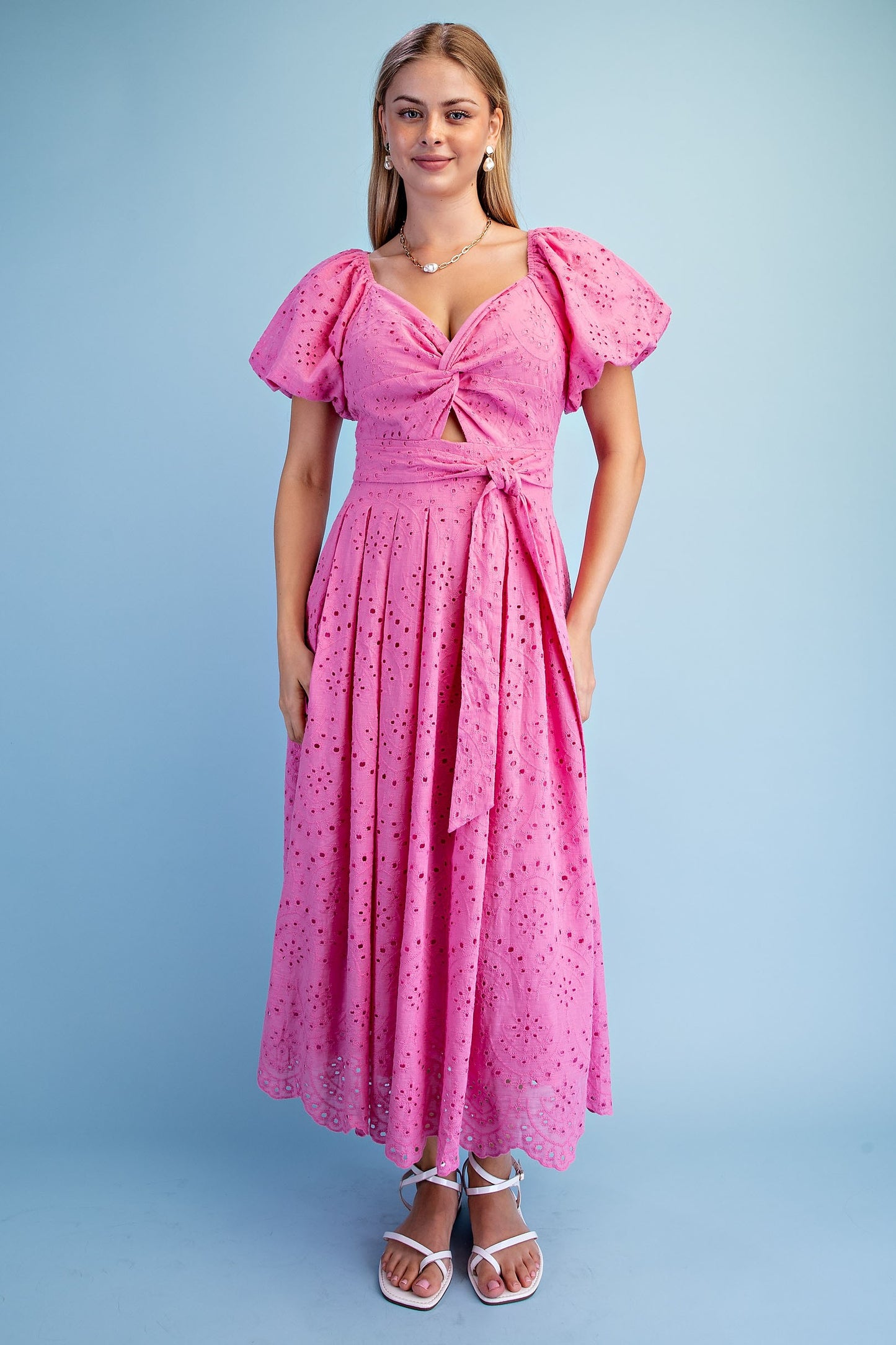 Gigio Pink Eyelet Pleated Midi Dress