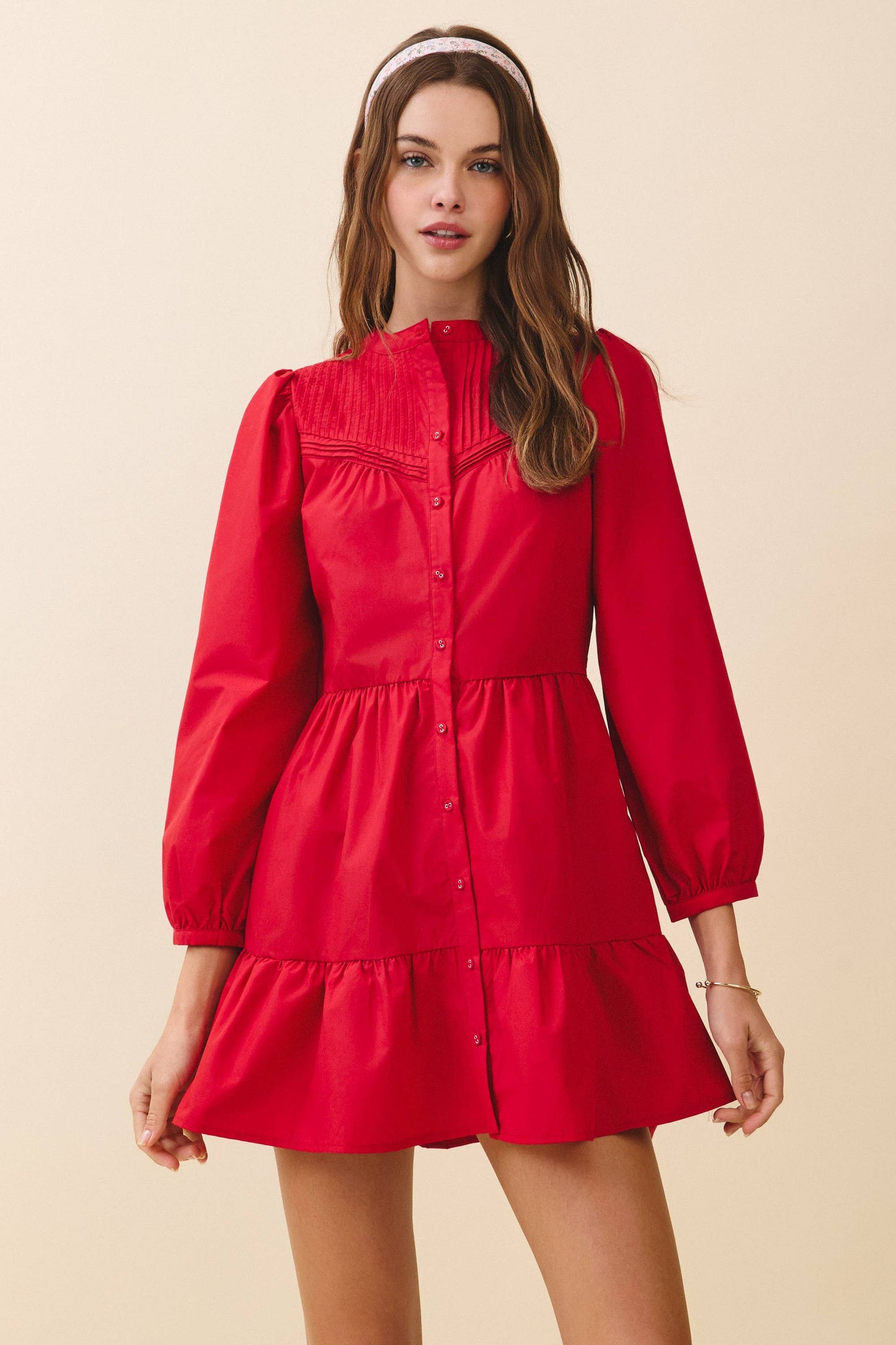 TCEC Pintuck Yoke Detail Button Front Mini Dress