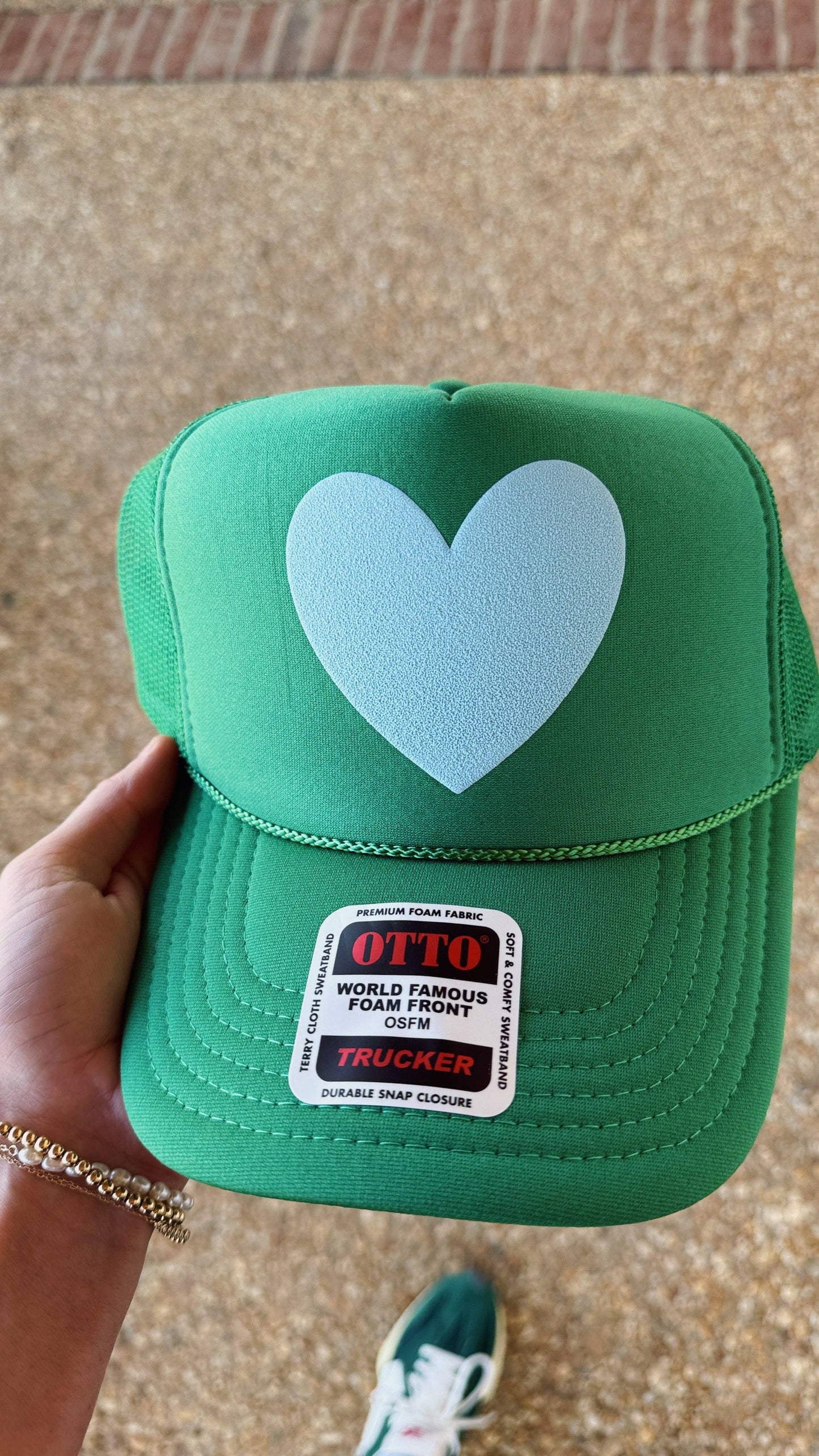 La Fete Goods Kelly Green Happy Heart Trucker Hat