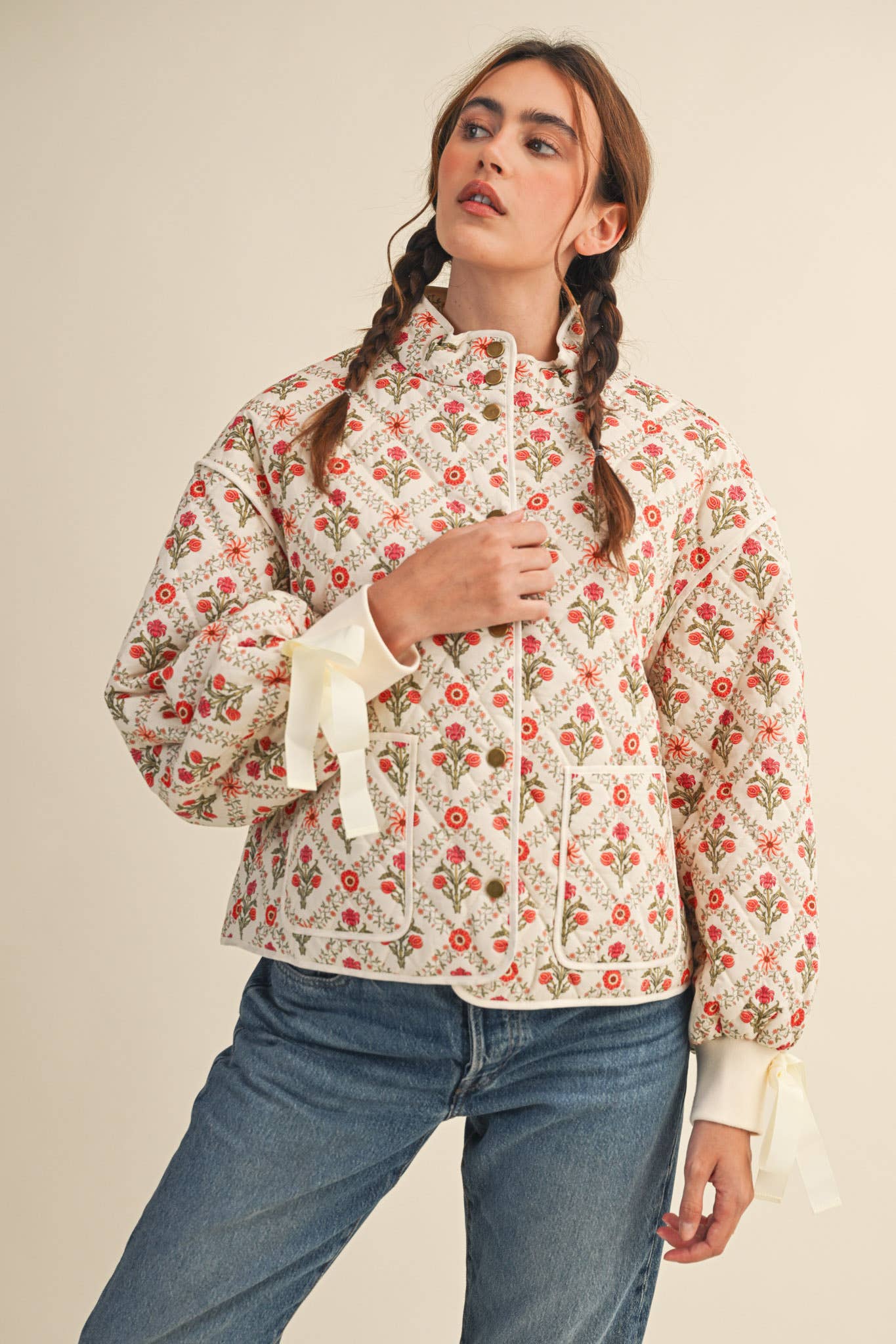 FLORAL QUILTED JACKET WITH RIBBON DETAIL MJK4431