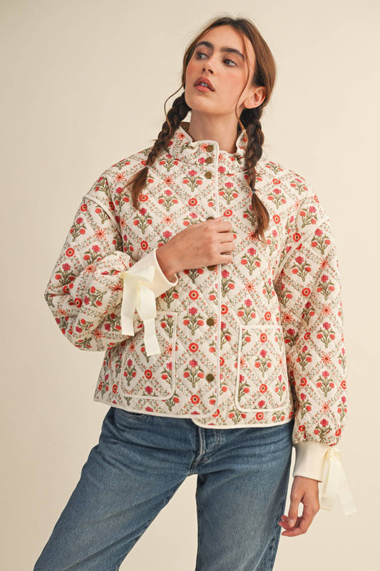 FLORAL QUILTED JACKET WITH RIBBON DETAIL MJK4431