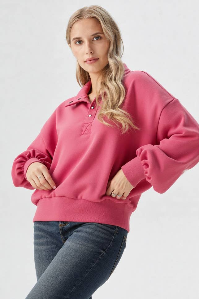 NT11951-Balloon Sleeve Half Button Down Henley Knit Top
