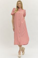 Entro Red Gingham Puff Sleeve Midi Dress (D30179)
