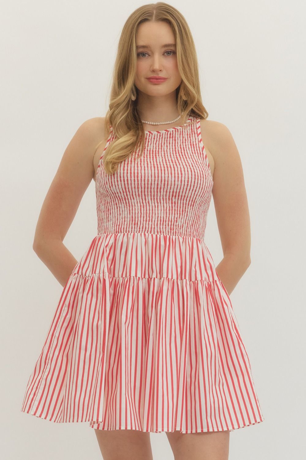 Entro Red Striped Smocked Dress