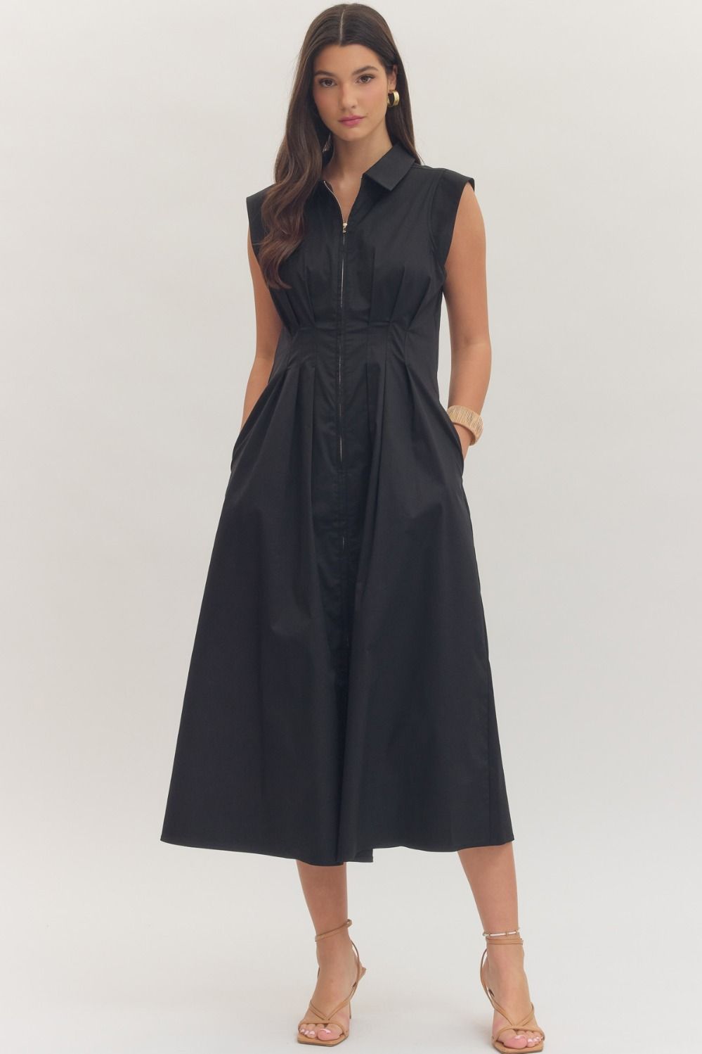 Entro Black Sleeveless Zipper Midi Dress