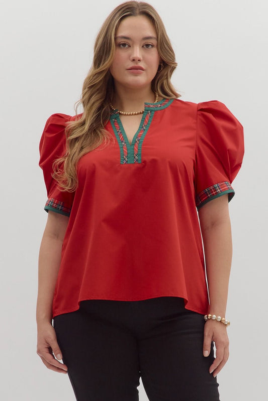 Entro Red Short Sleeve Puff Sleeve Top