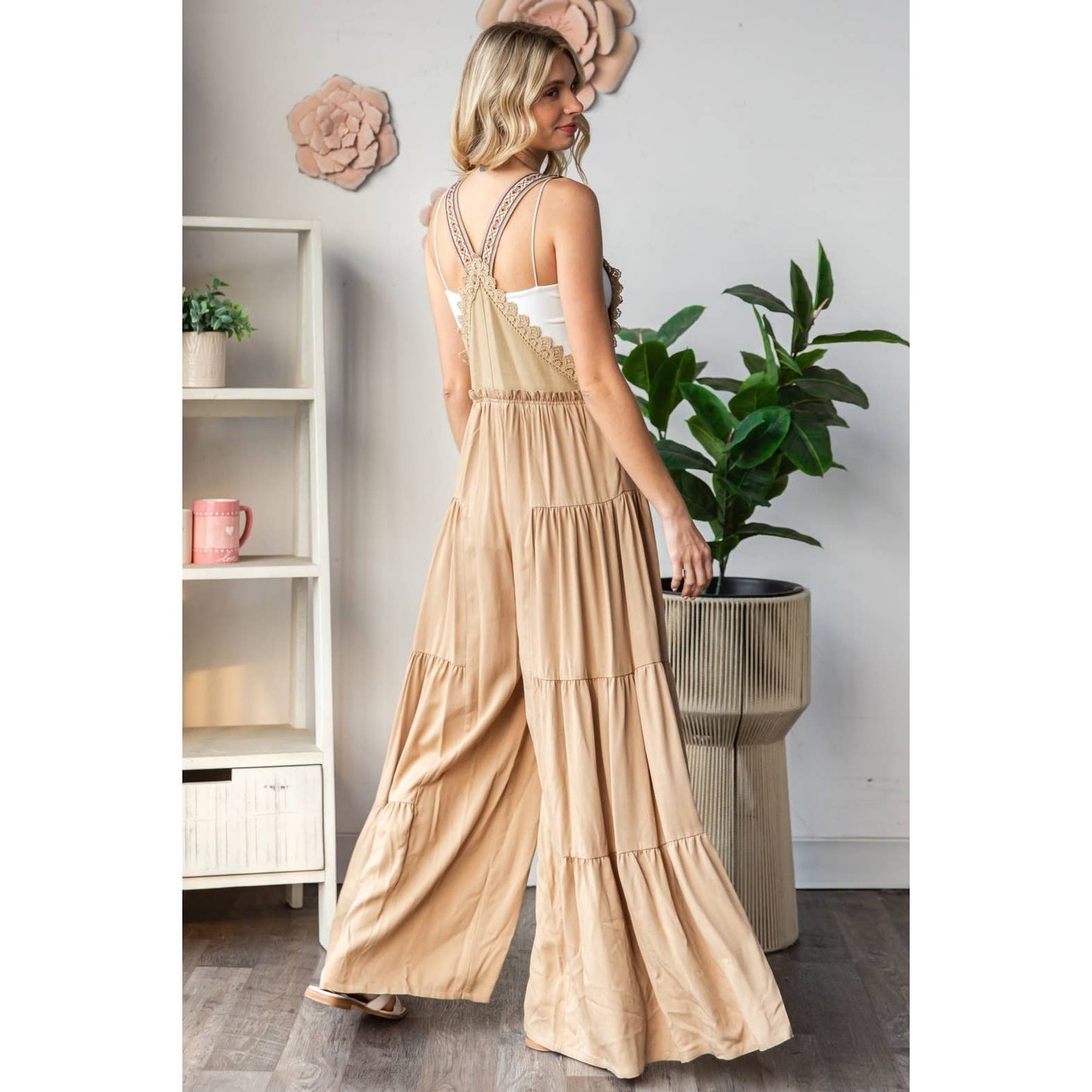 Embroidered Strap Flowy Jumpsuit Khaki