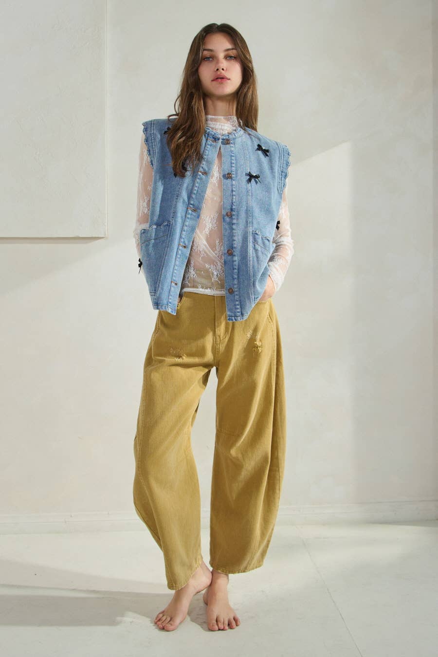 Acid Washed Colored Barrel Denim Pants Mustard