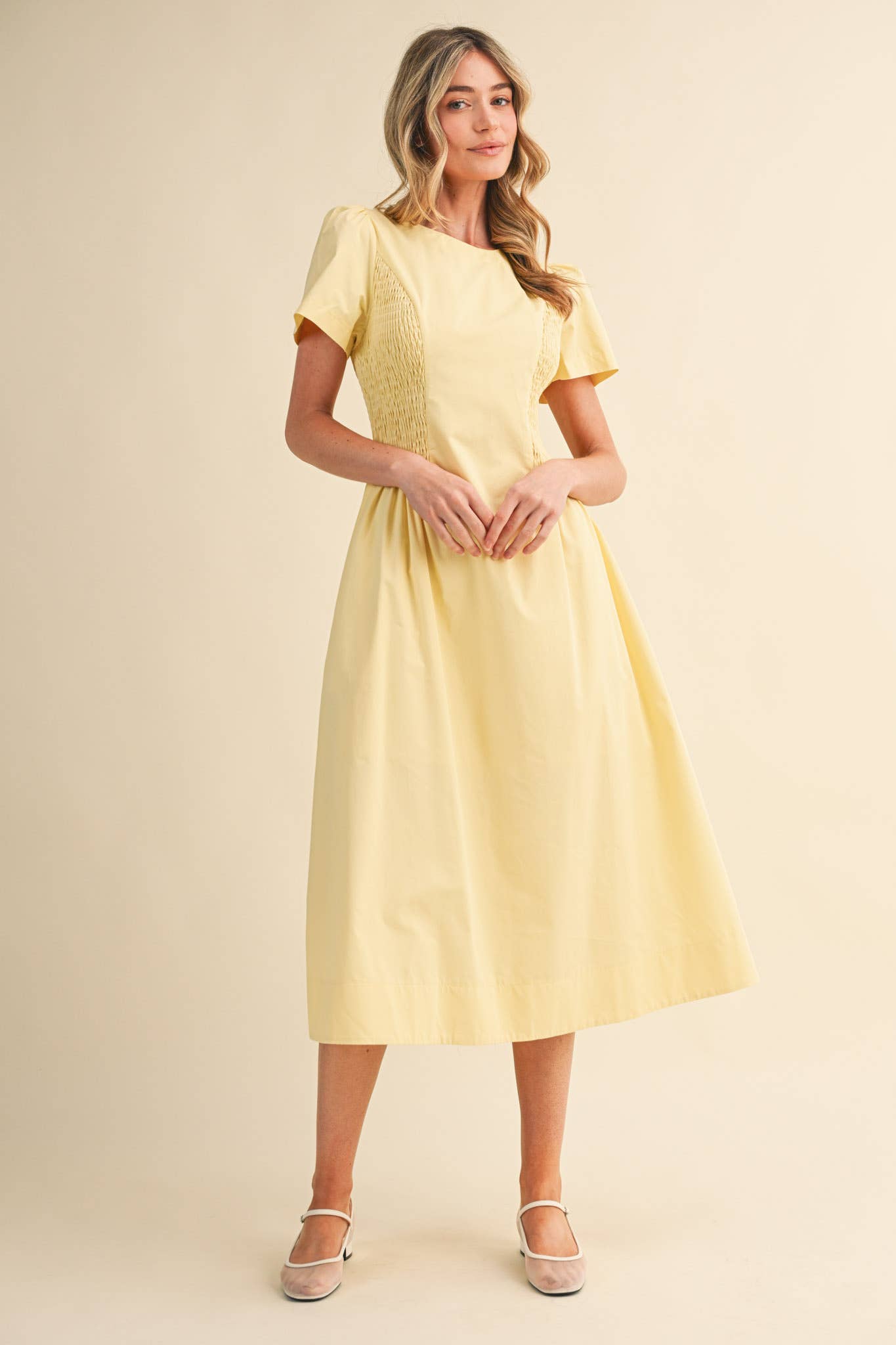 &Merci Yellow Smocked Side Midi Dress