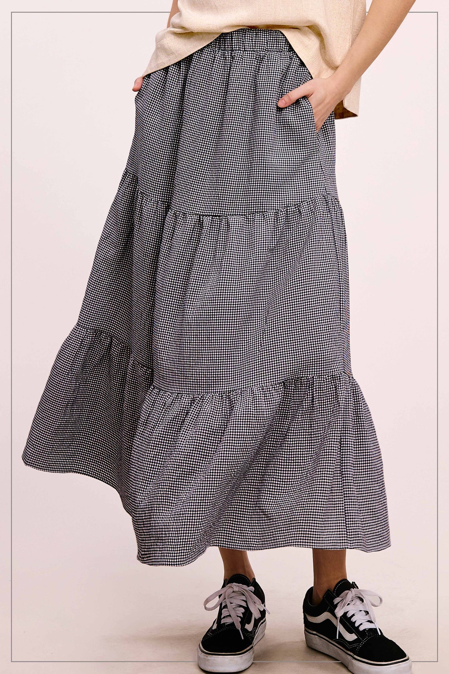 La Miel Gingham Tiered Maxi Skirt With Side Pockets