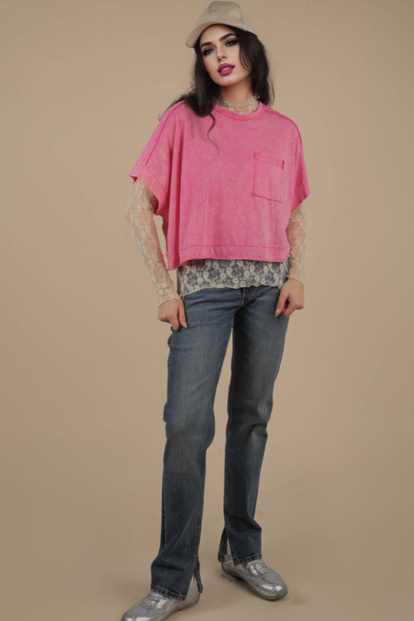 Mineral Washed Oversized Crop Comfy Knit Top Pink