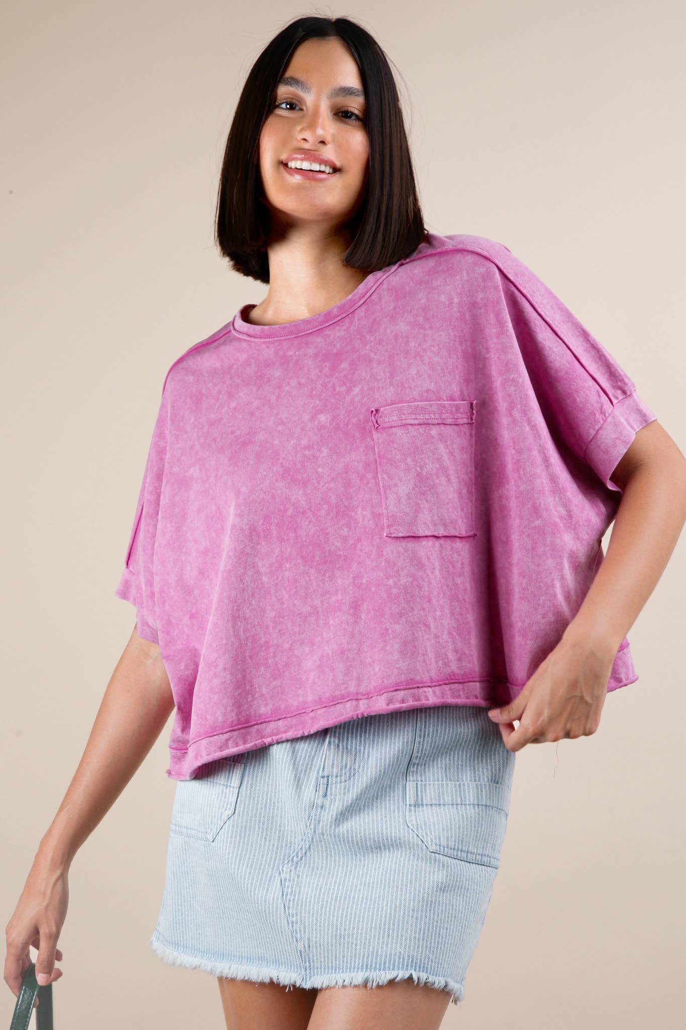 Mineral Washed Oversized Crop Comfy Knit Top Pink