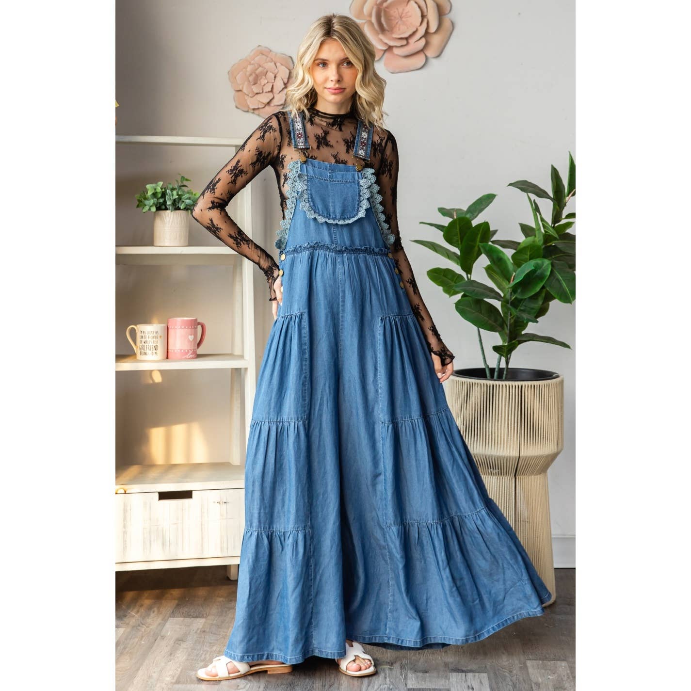 Embroidered Tencel Strap Flowy Jumpsuit