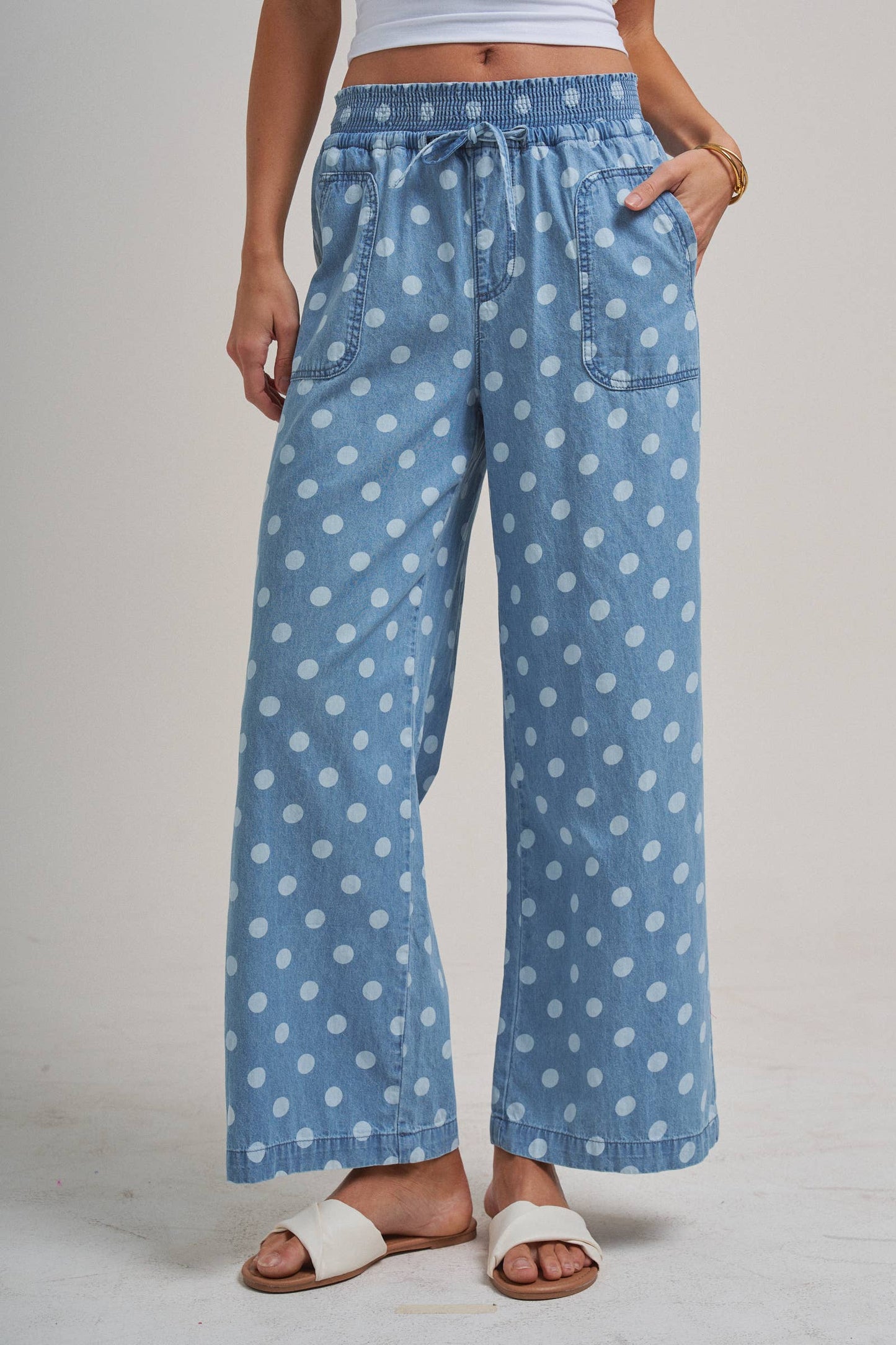 BON Wide Leg Polka Dot Chambray Drawstring Pants