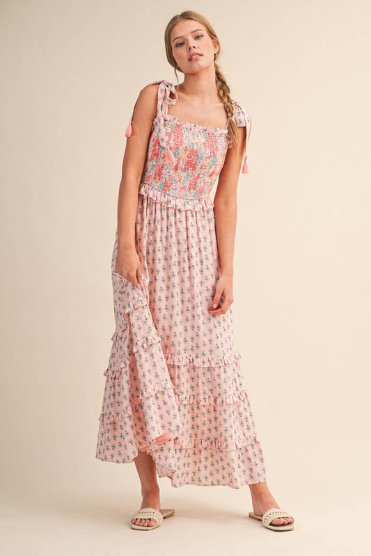 &Merci Pink/Peach Floral Print Smocked Midi Dress