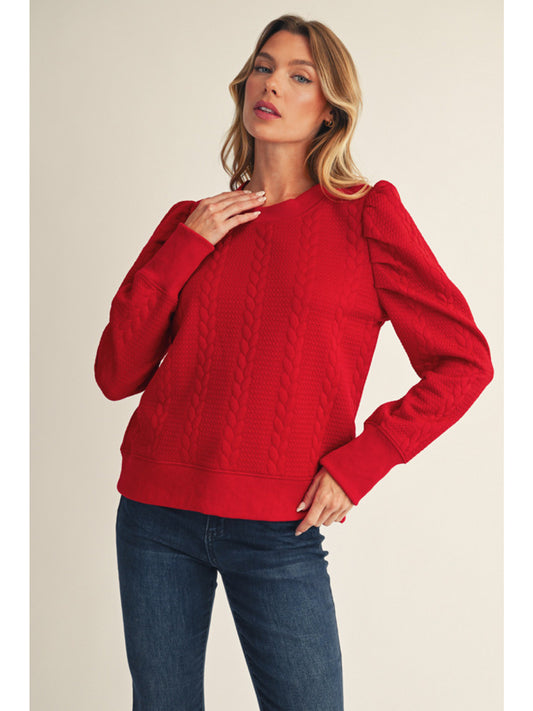 Jodifl Red Cable Puff Sleeve Sweatshirt