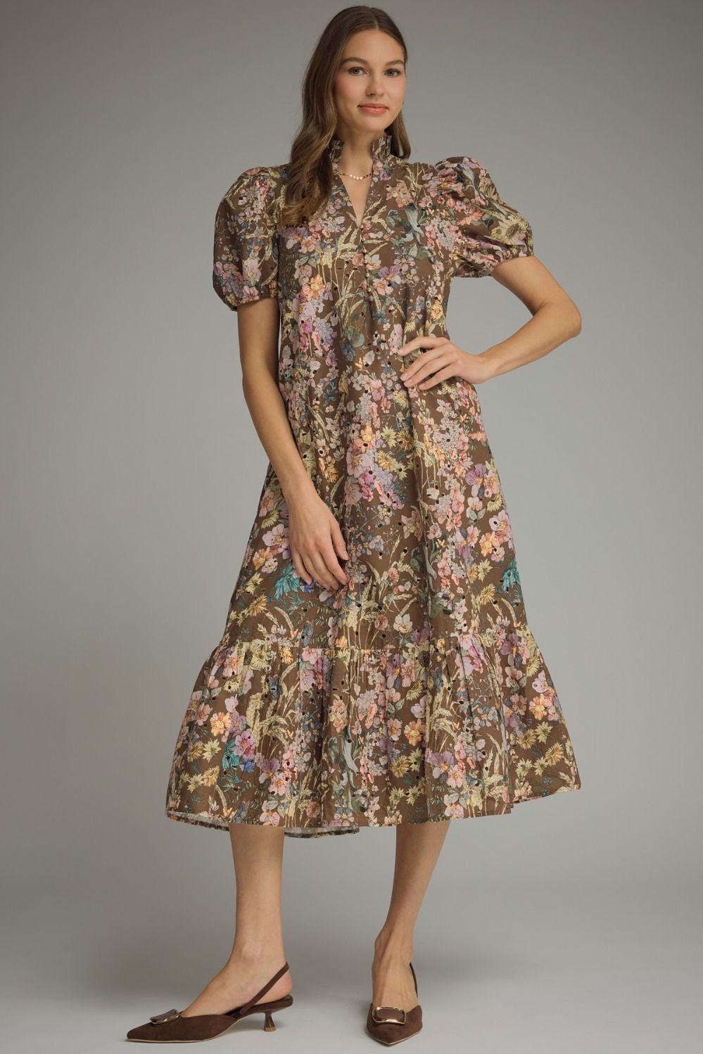Entro Brown Puff Sleeve Dress (D32053)