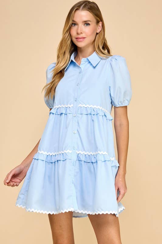 TCEC Zigzag Detail Short Puff Sleeve Shirt Dress