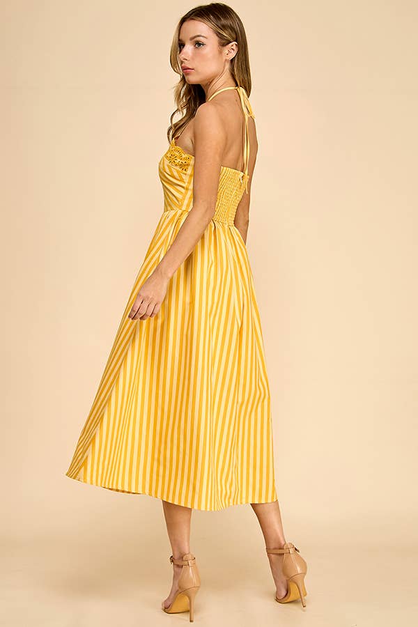 Baby Pink White/Pink Scalloped Halter Midi Dress