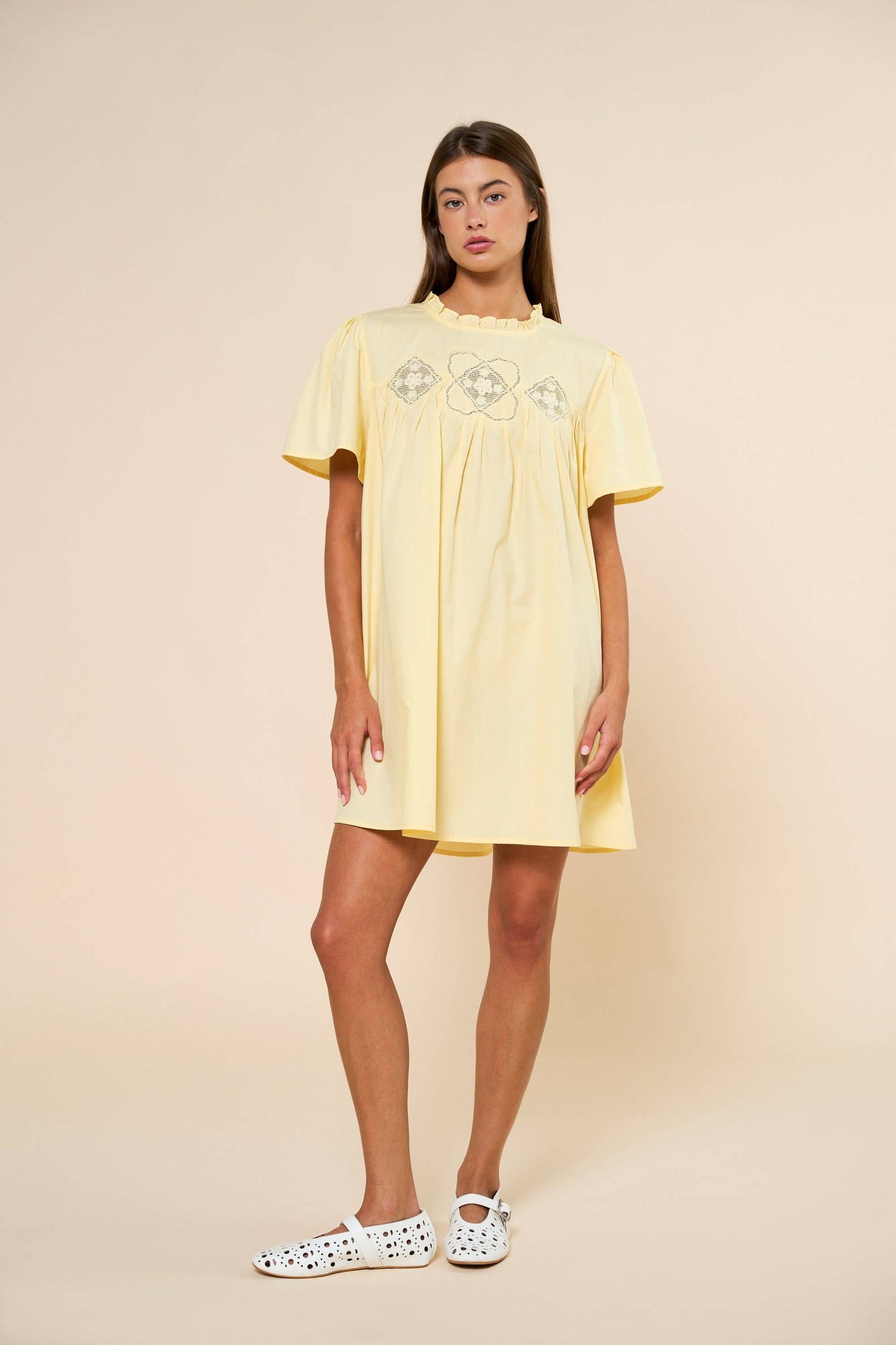 Embroidered Short Sleeve Babydoll Mini Dress