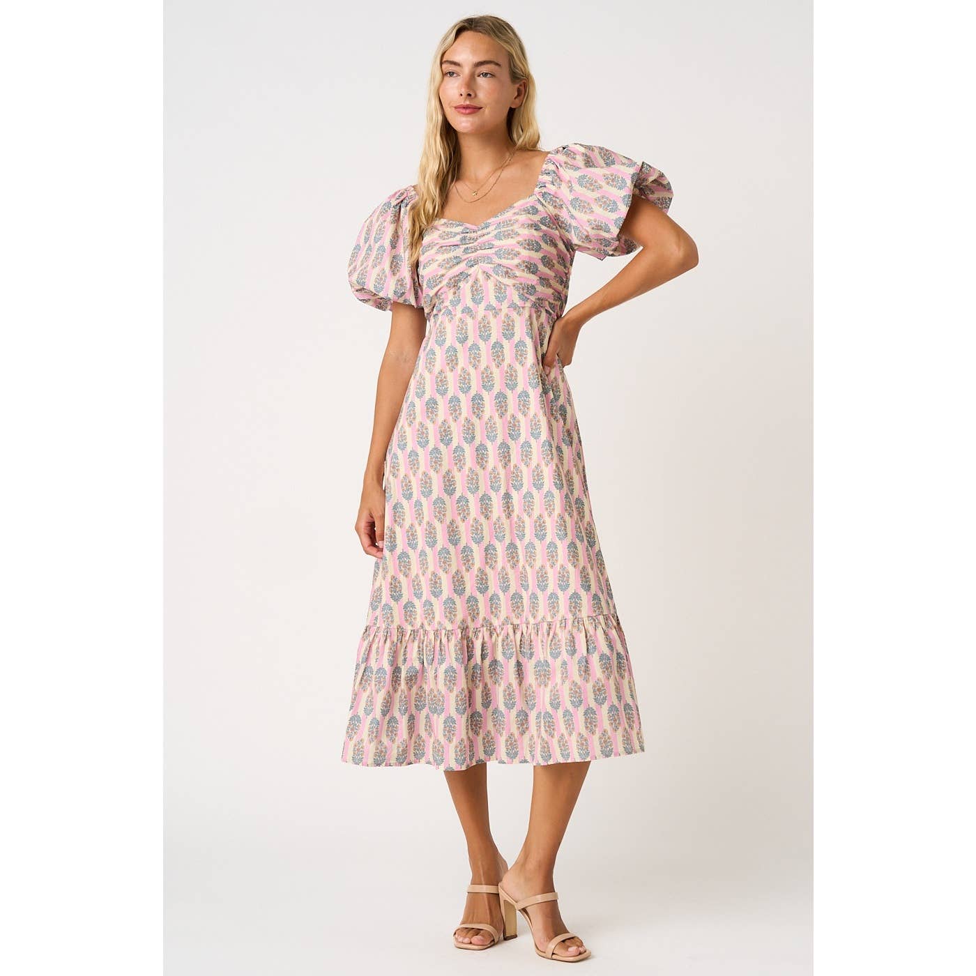 FLORAL STRIPED PRINT PUFF SLEEVE MIDI DRESS