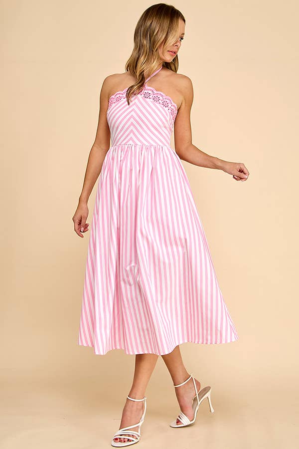 Baby Pink White/Pink Scalloped Halter Midi Dress