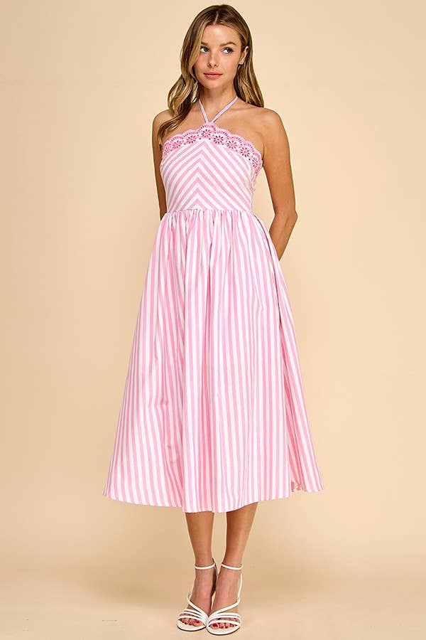 Baby Pink White/Pink Scalloped Halter Midi Dress