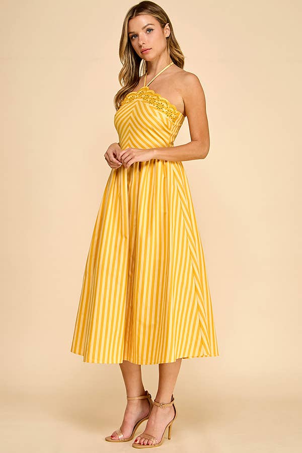 Baby Pink White/Pink Scalloped Halter Midi Dress