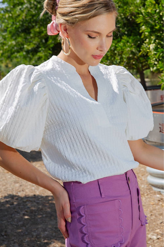 Glam White Puff Sleeve V-Neck Top
