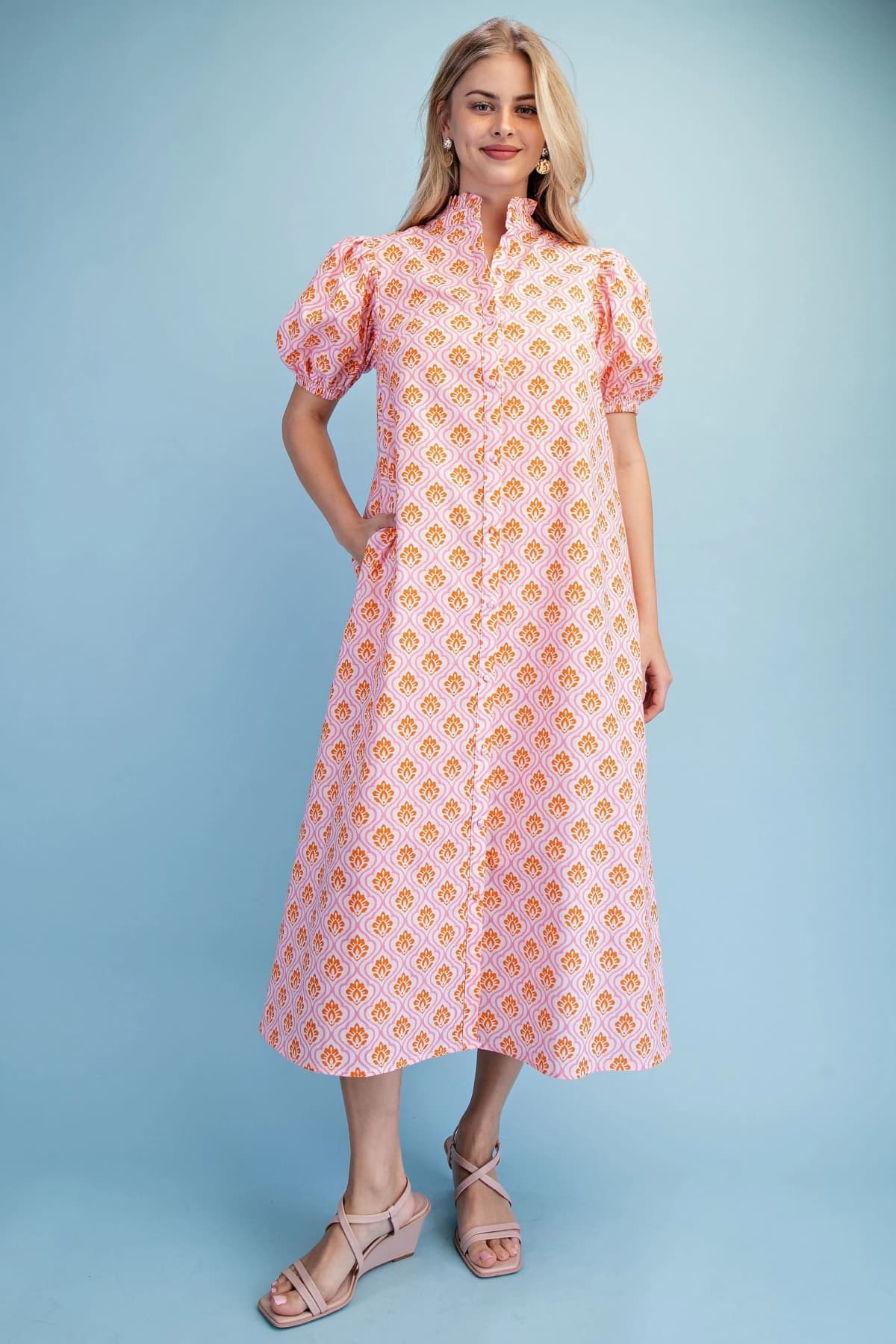 GiGio Pink/Orange Button Down Midi Dress with Ruffled Collar (TE1935)