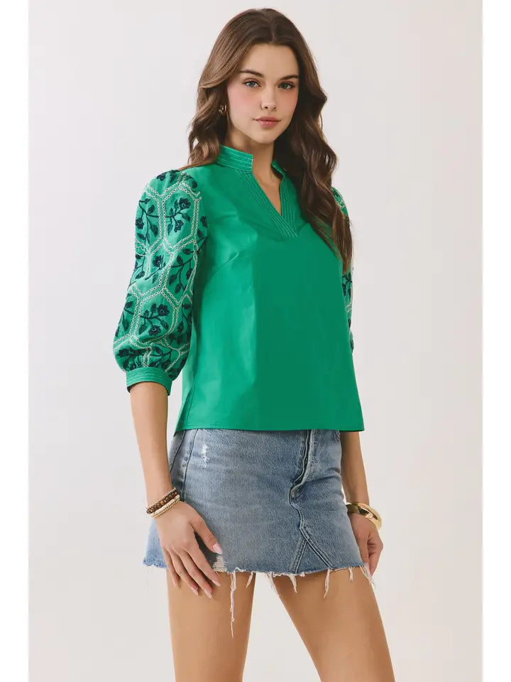 Pretty Follies Green Embroidered Puff Sleeves Blouse