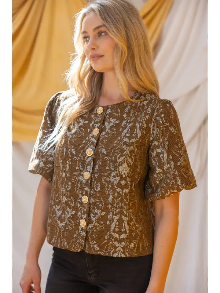 Voy Brown Button Down Floral Jacquard Set