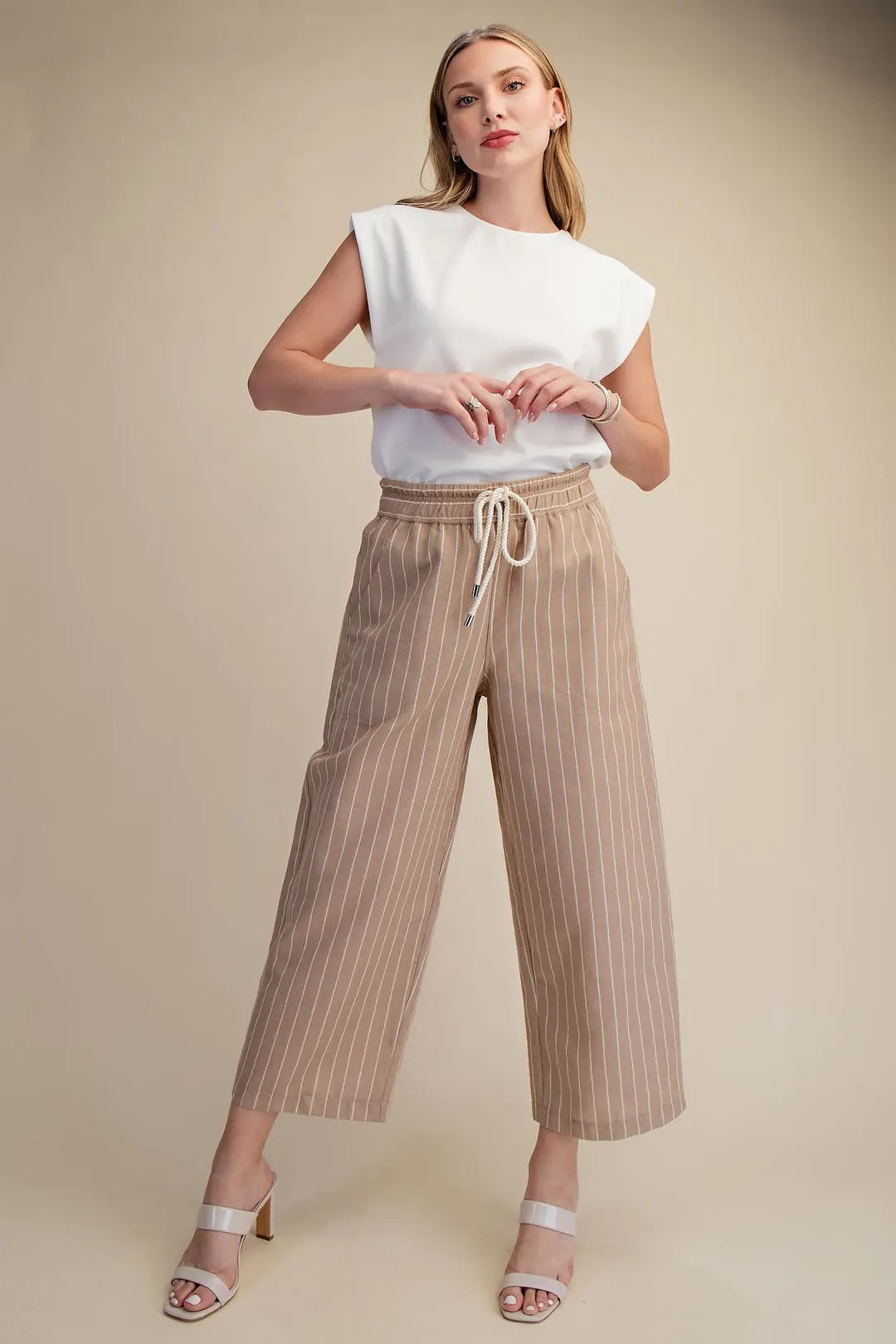 Glam Taupe Drawstring Mid-Rise Stripe Wide Pants