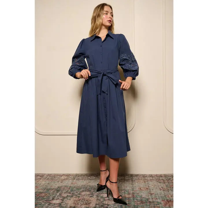 Mittoshop Blue Cutout Balloon Sleeve Midi Shirt Dress
