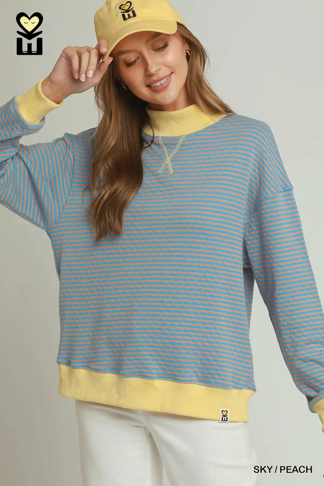 Umgee Sky/Peach Reversible Stripe & Polka Dot Pullover (H1210)