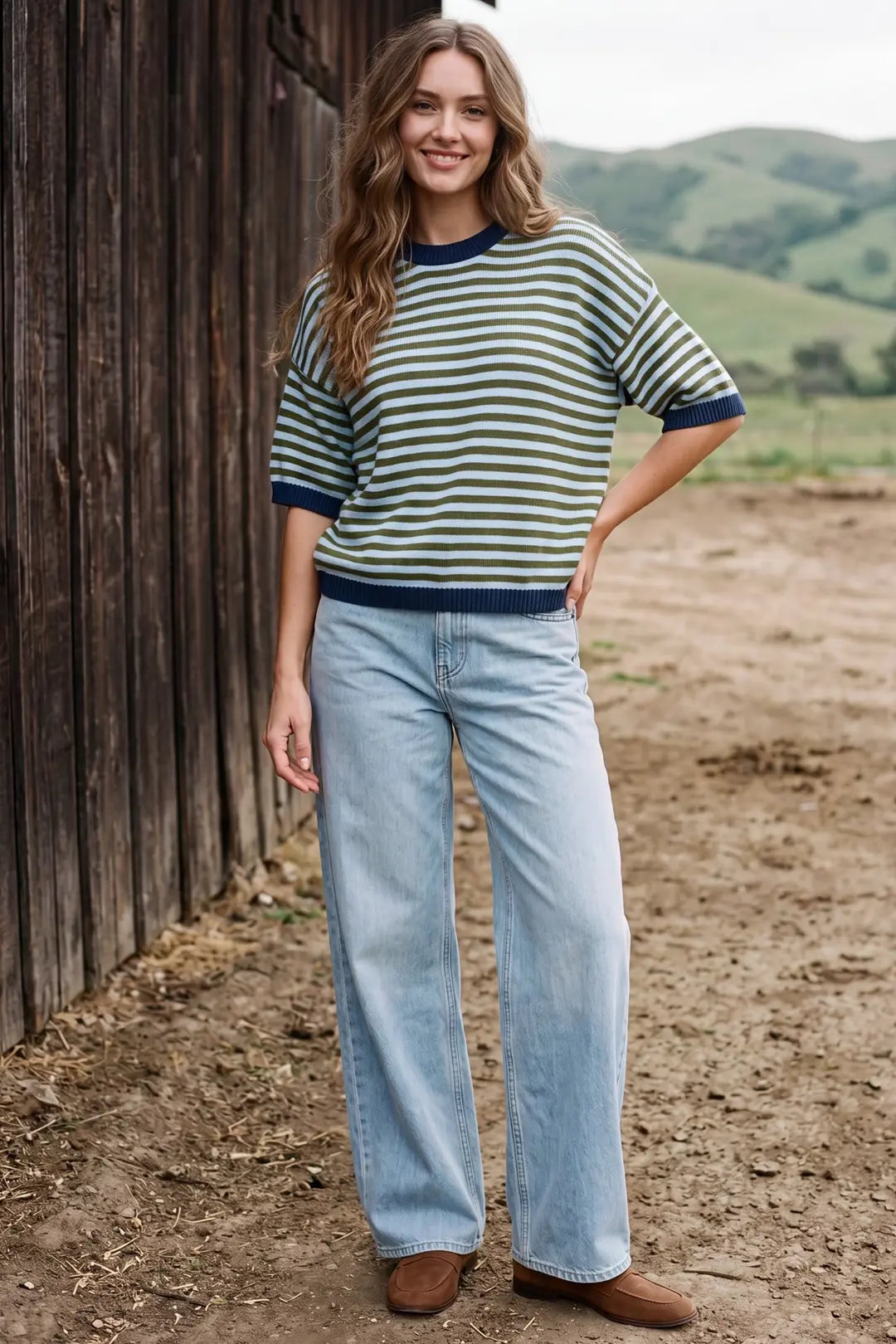 She + Sky Olive/Blue Striped Sweater (ST2241)