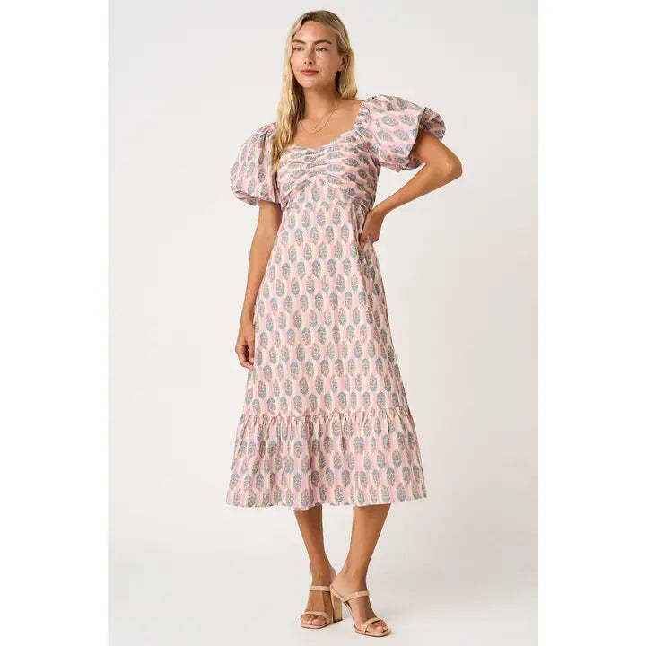 Mittoshop Pink Floral Striped Print Puff Sleeve Midi Dress