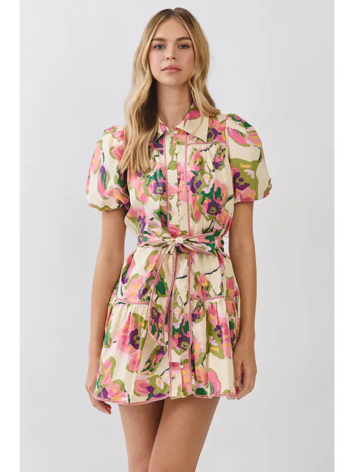 Pretty Follies Floral Print Puff Sleeve Belted Dress
